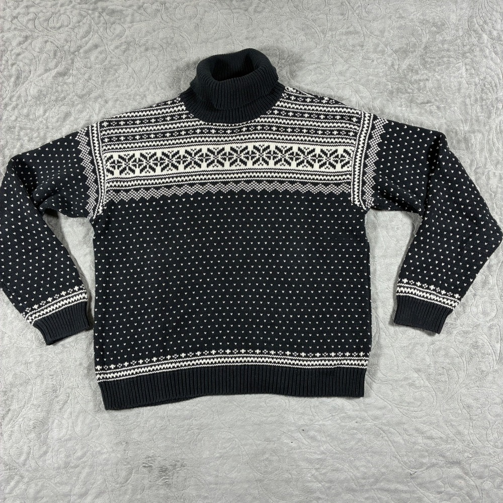 Vintage LL Bean Womens Fair Isle Birdseye Sweater Size M Black Holiday Nordic